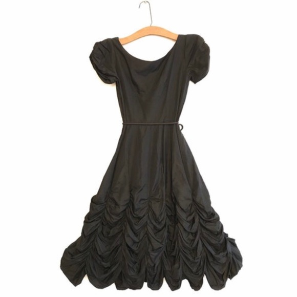 Vintage 50’s Black Silk Cocktail Sweetheart Dress with Draped Skirt M - Picture 2 of 5